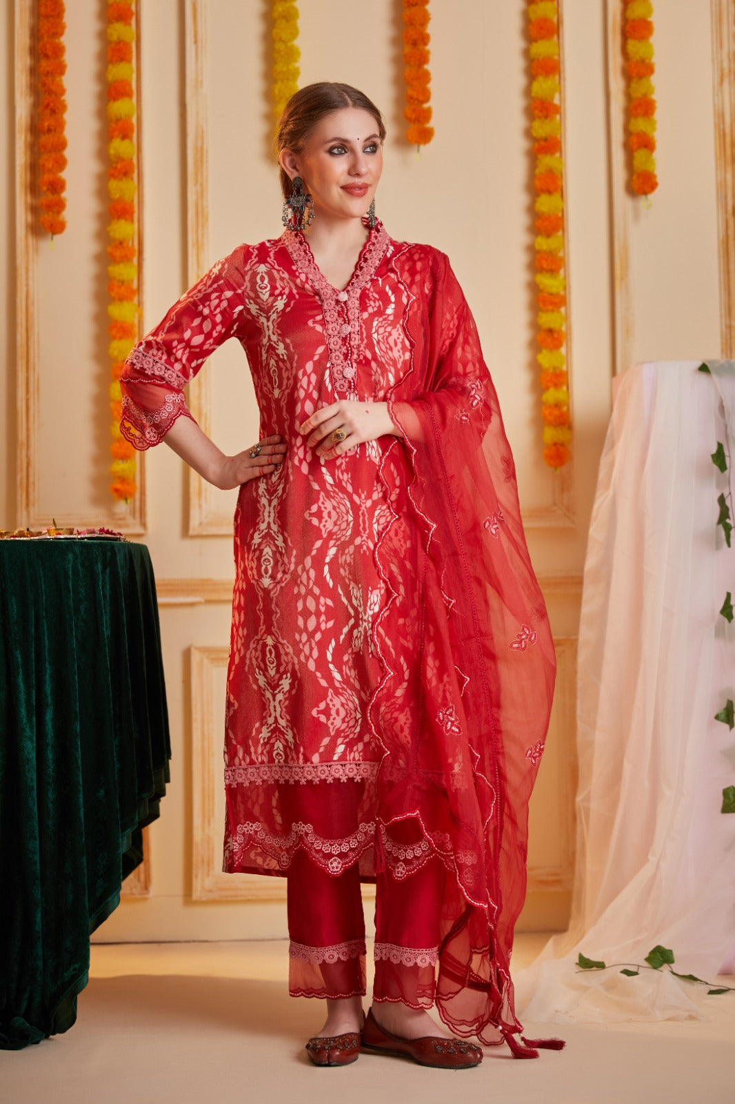 Pretty muslin with orgenza lace detailing full suit paired with orgenza dupatta
