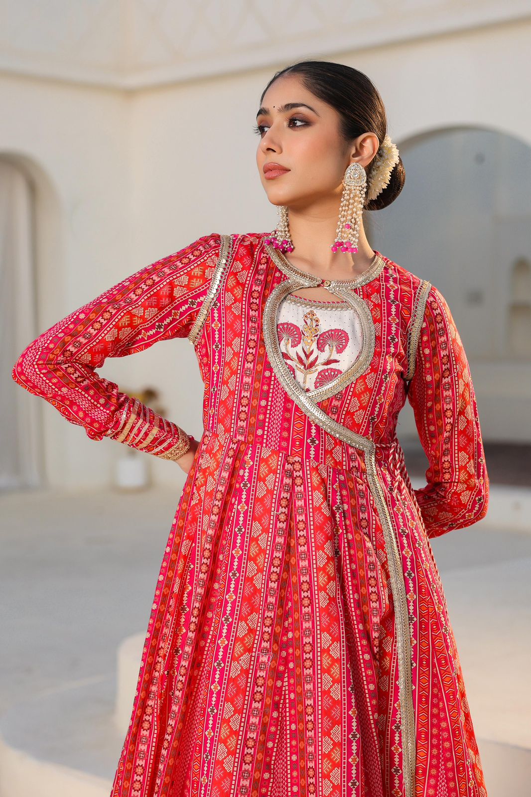Premium cotton shrug Anarkali gown with all over gotta detailing