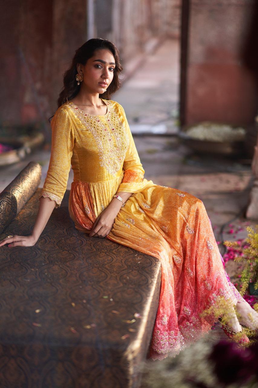Pure crepe full lining Anarkali with heavy zari embroidered suit set