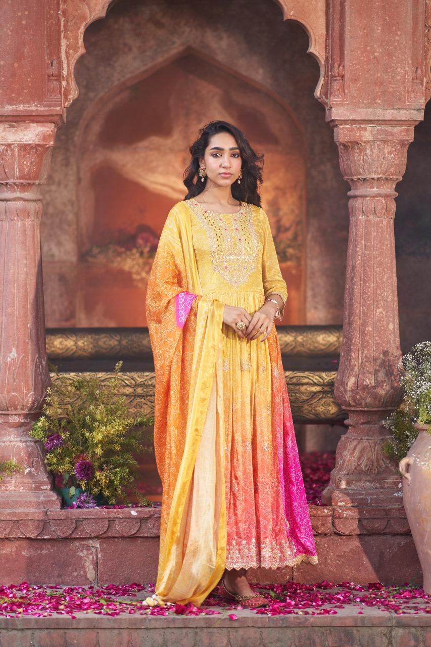 Pure crepe full lining Anarkali with heavy zari embroidered suit set