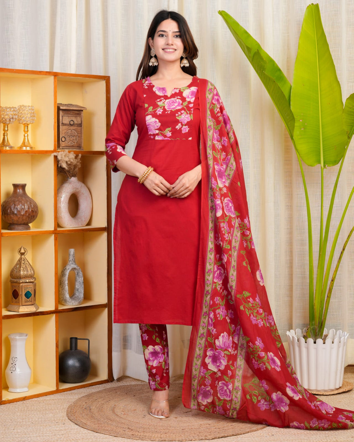 Pretty cotton full suit set in red