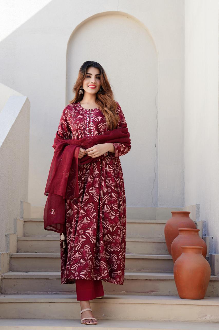 Pure cotton Kota doria embroidery dupatta full suit set