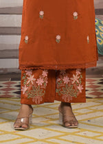 Restocked! Pure cotton embroidered kurta pant in rust ! Dispatch in next 10 days!