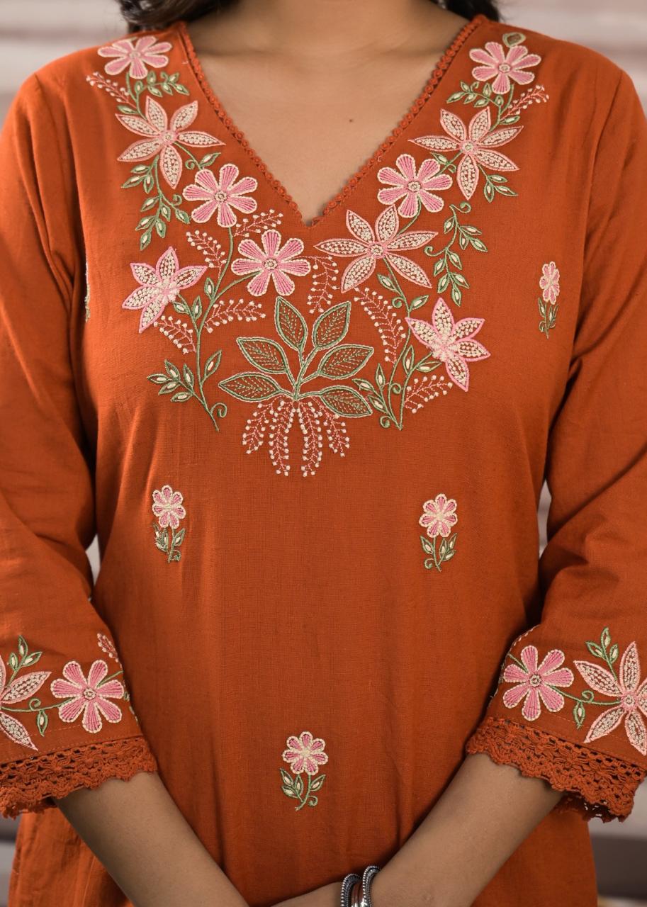 Restocked! Pure cotton embroidered kurta pant in rust ! Dispatch in next 10 days!
