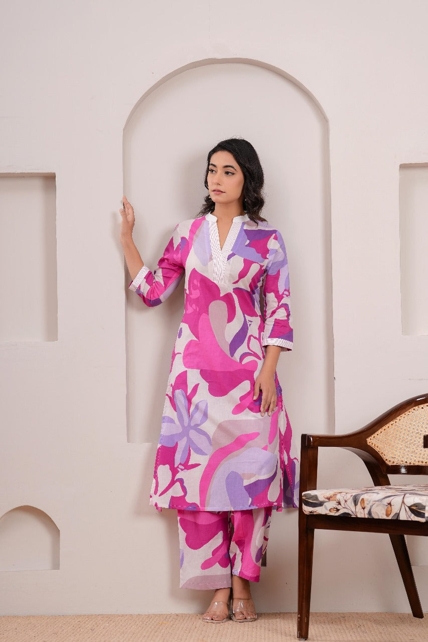 Digital printed smart co ord set in pink n purple