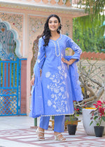 Pure cotton appliqué work suit set in powder blue