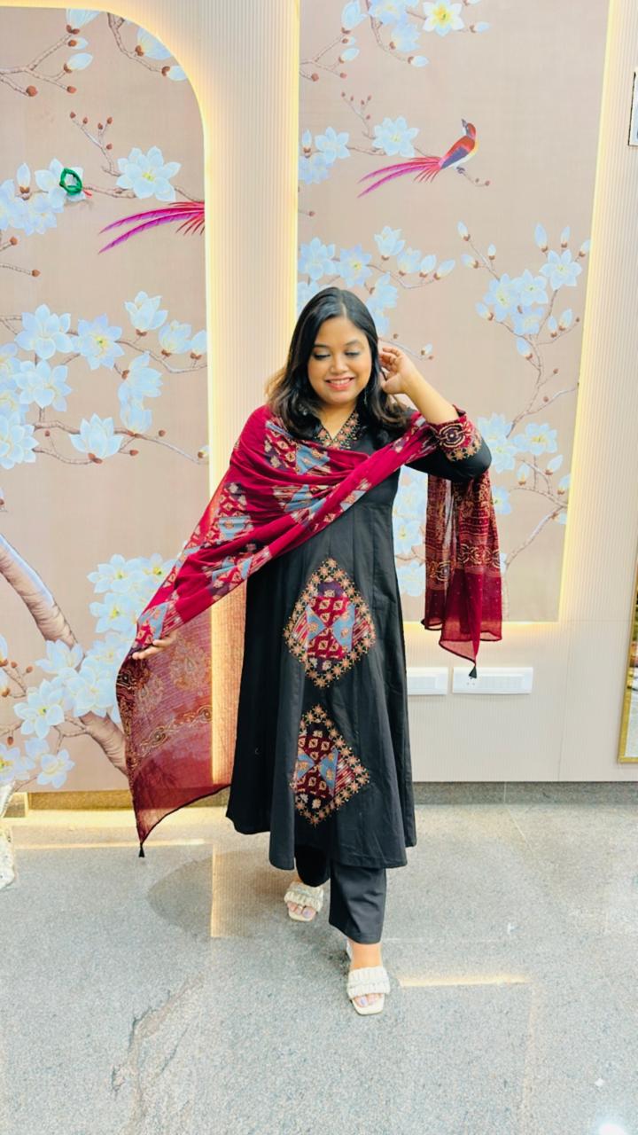 Pure cotton appliqué work full suit set