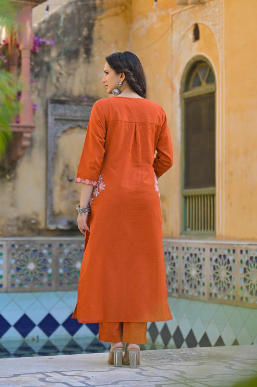 Designer pocket cotton set kurta pant in rust