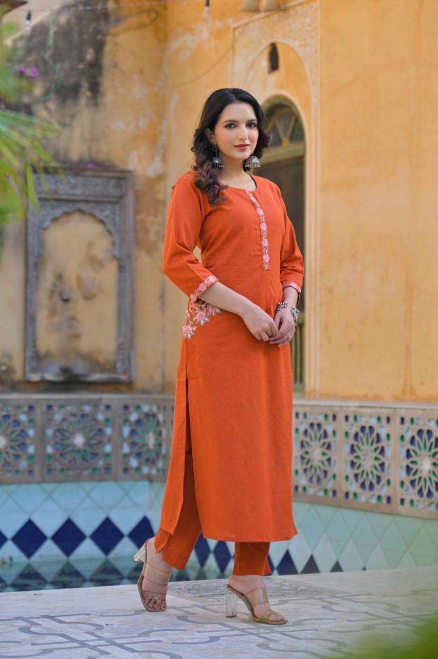 Designer pocket cotton set kurta pant in rust