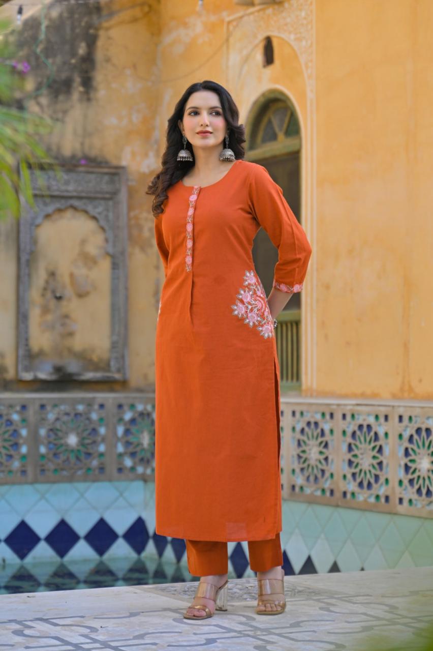 Designer pocket cotton set kurta pant in rust
