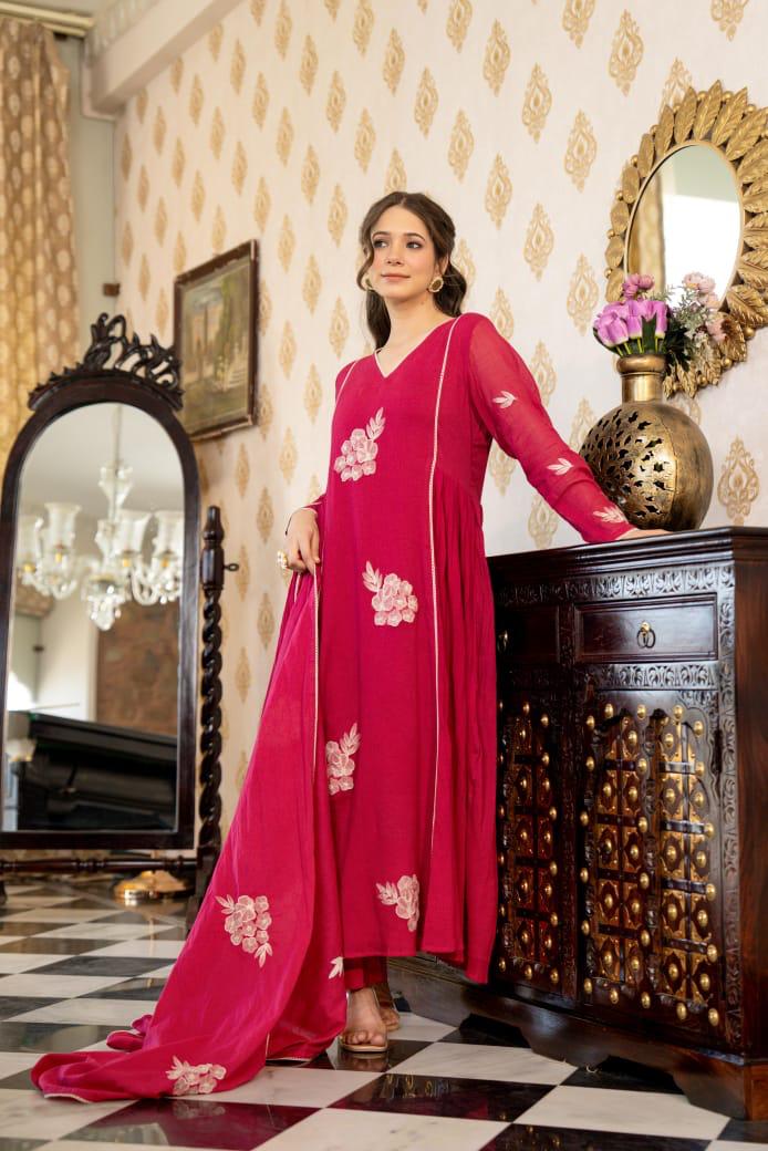Beautiful embroidered cotton suit set in Rani pink
