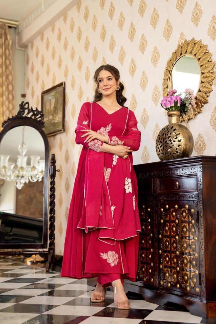 Beautiful embroidered cotton suit set in Rani pink