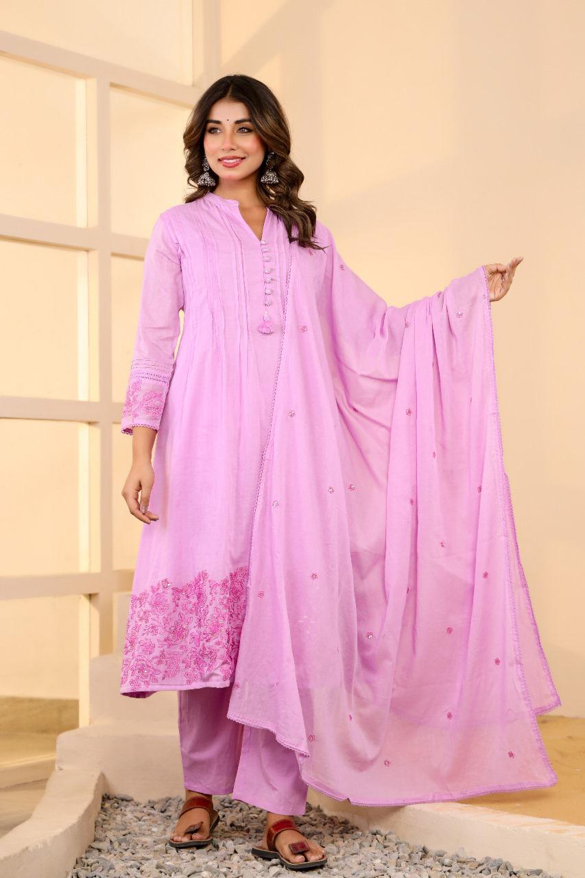 Pure Mul cotton lining embroidered suit set in pink
