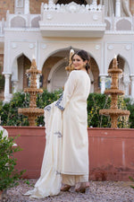 Pure Mul cotton lining embroidered suit set with designer sleeeves in white
