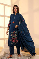 Pure Mul cotton lining embroidered suit set in blue