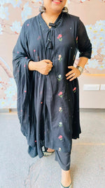 Pure Mul cotton embroidered lining suit set in black