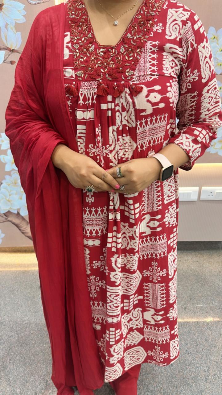 Must buy red colour pure cotton suit set with pretty yoke