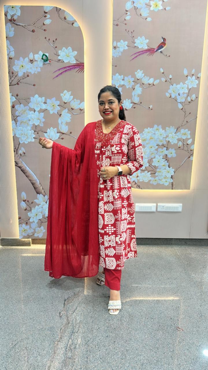 Must buy red colour pure cotton suit set with pretty yoke
