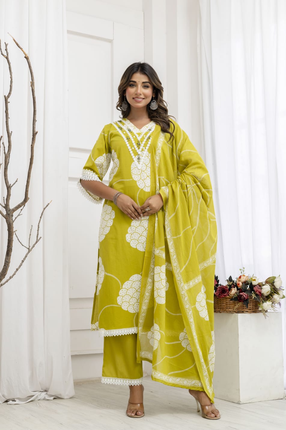 Stylish super elegant cotton suit set with lace detailing