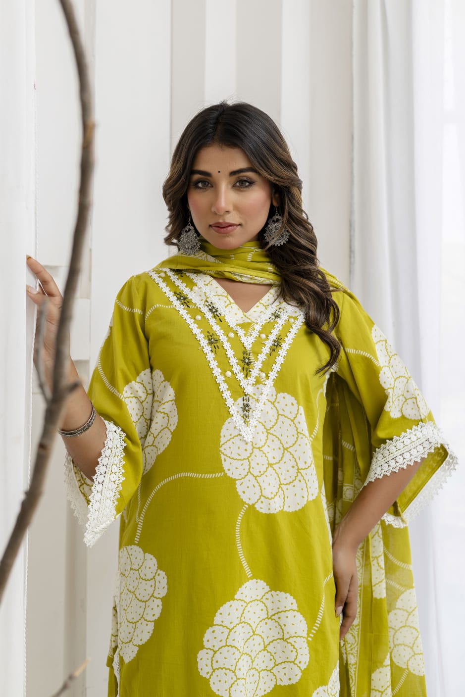 Stylish super elegant cotton suit set with lace detailing