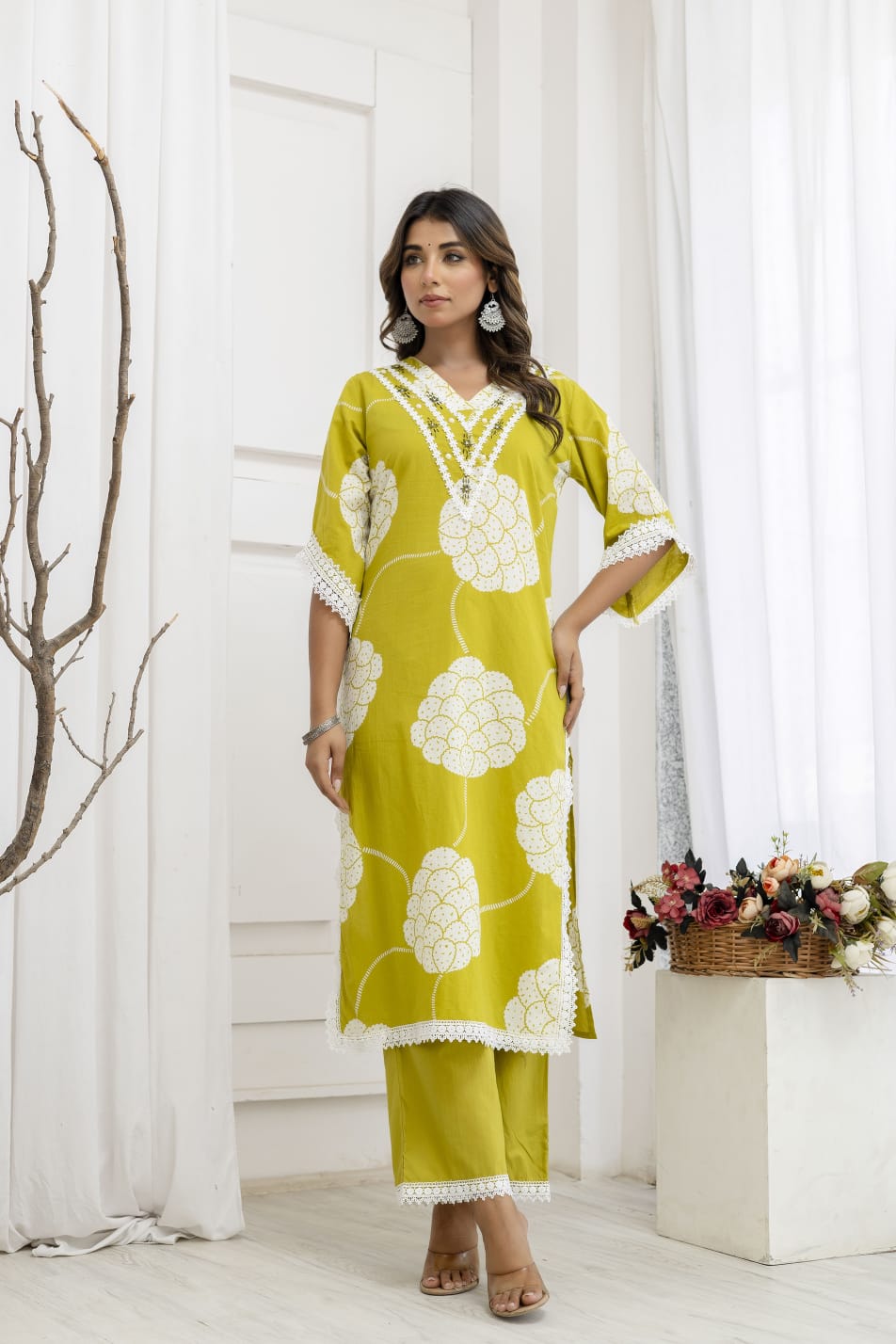 Stylish super elegant cotton suit set with lace detailing