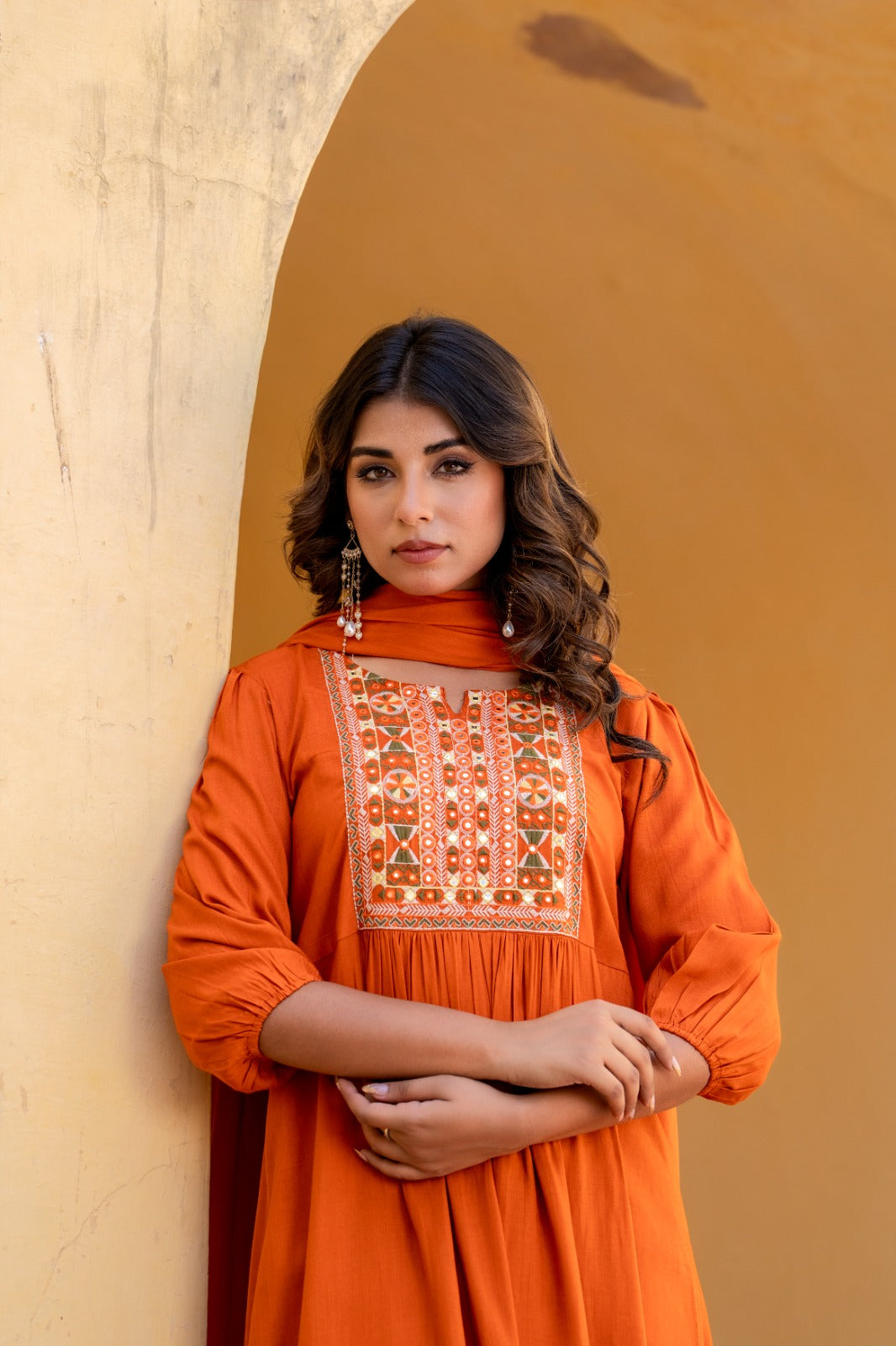 Slub cotton embroidered incolour rust colour