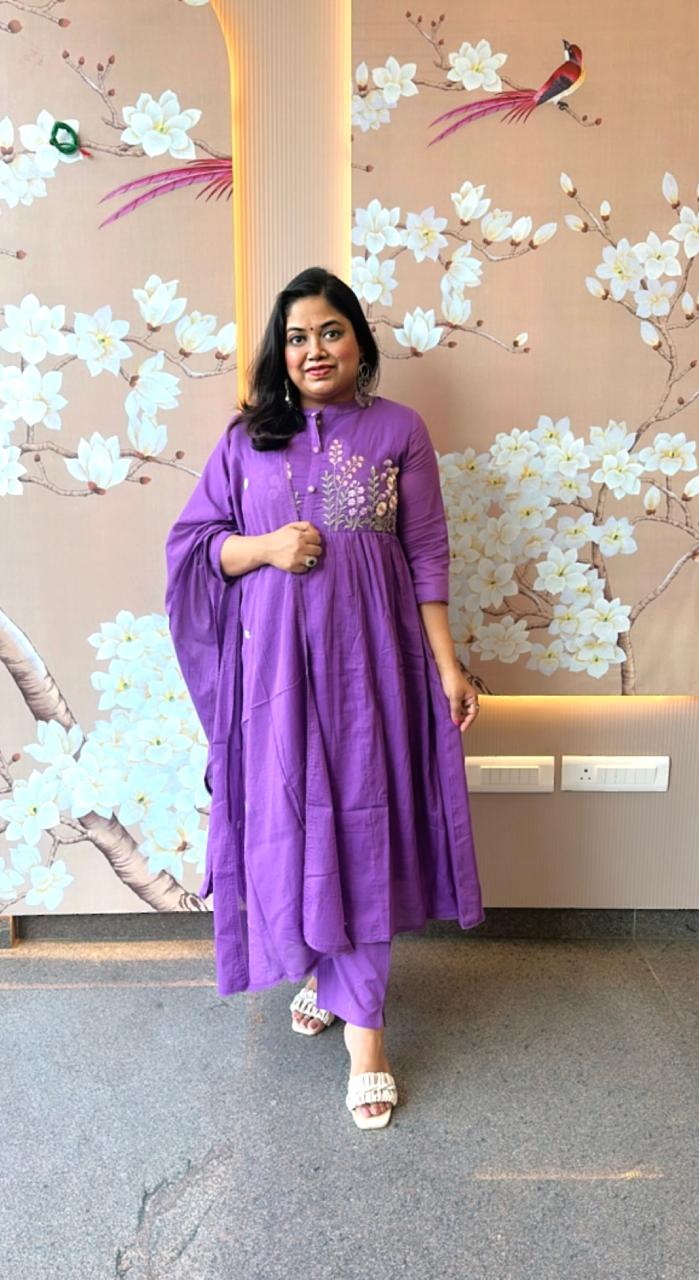 Mul cotton embroidered lining full suit