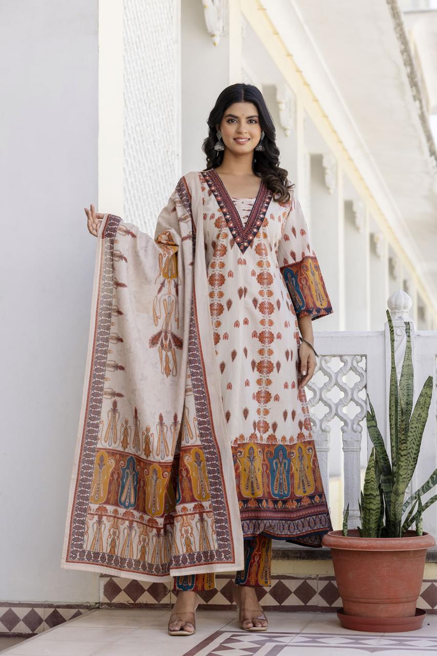 Wow v neck digital printed printed Anarkali cotton suit set