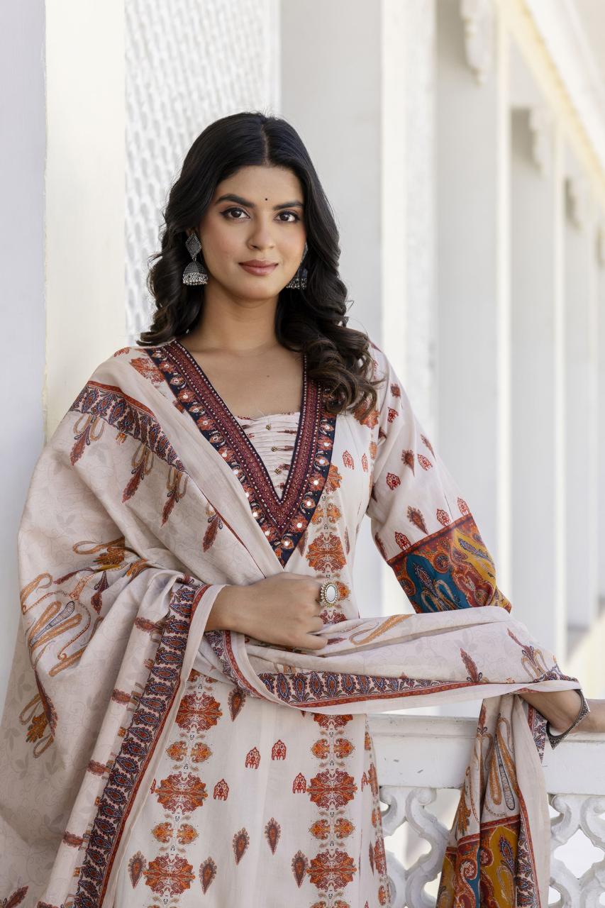 Wow v neck digital printed printed Anarkali cotton suit set