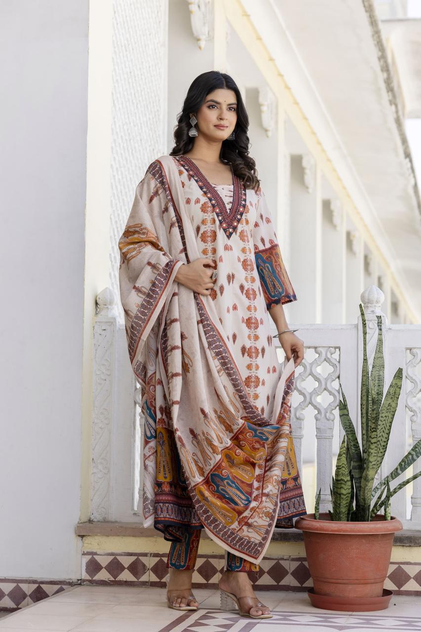 Wow v neck digital printed printed Anarkali cotton suit set