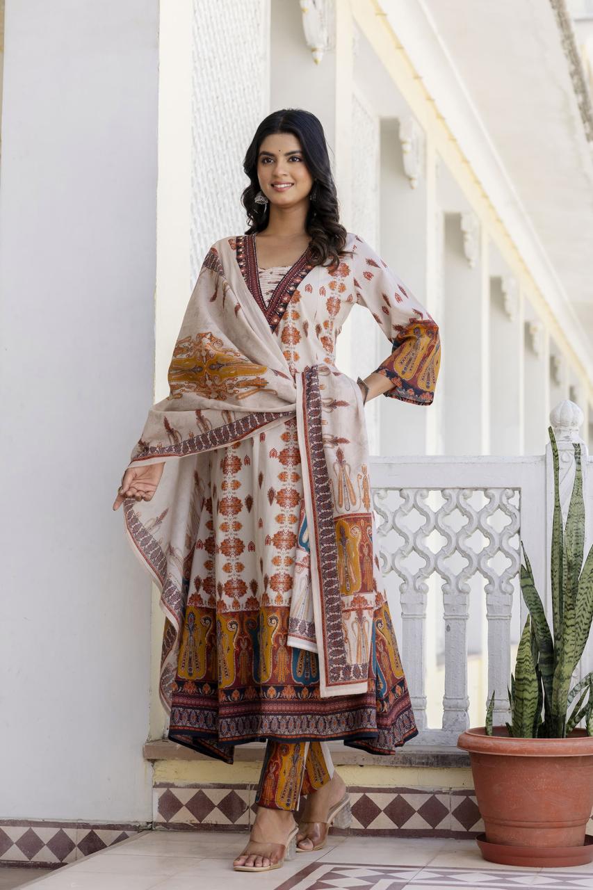 Wow v neck digital printed printed Anarkali cotton suit set