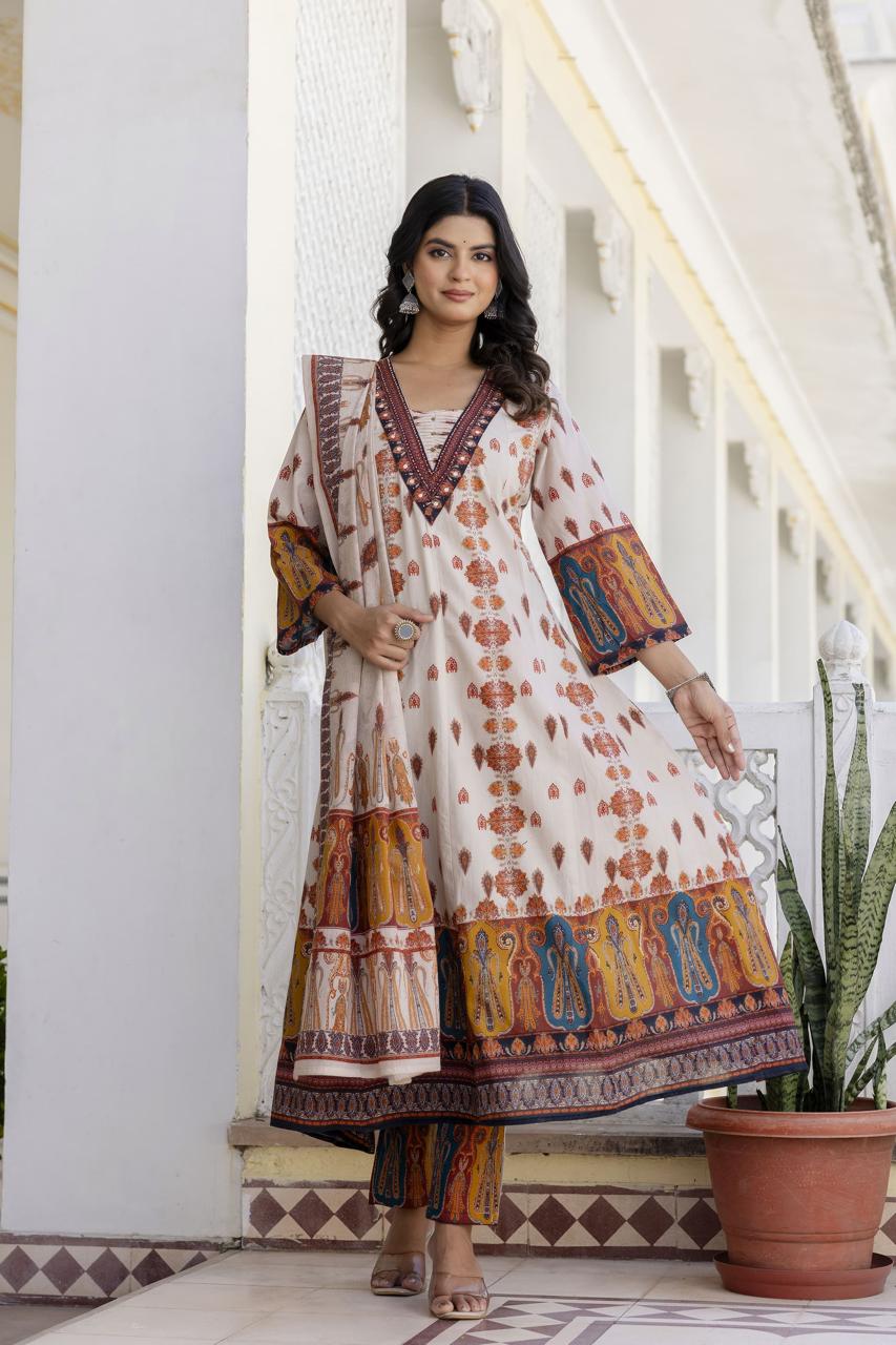 Wow v neck digital printed printed Anarkali cotton suit set