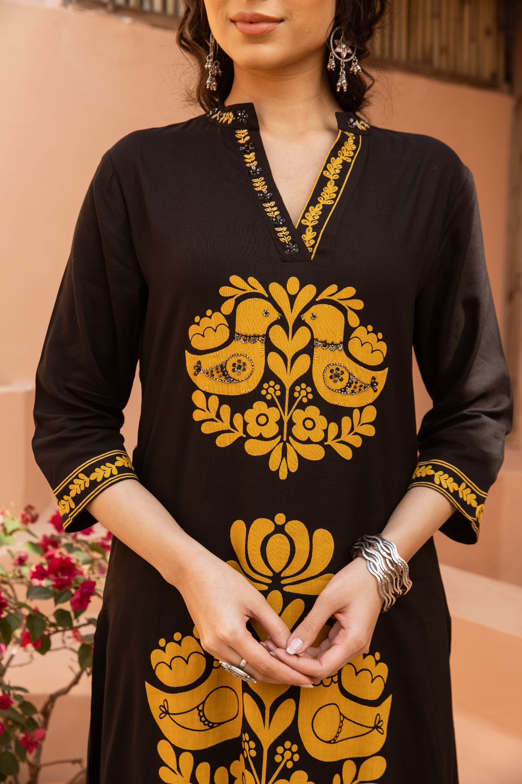 Heavy rayon printed love birds palazzo set in yellow in black .