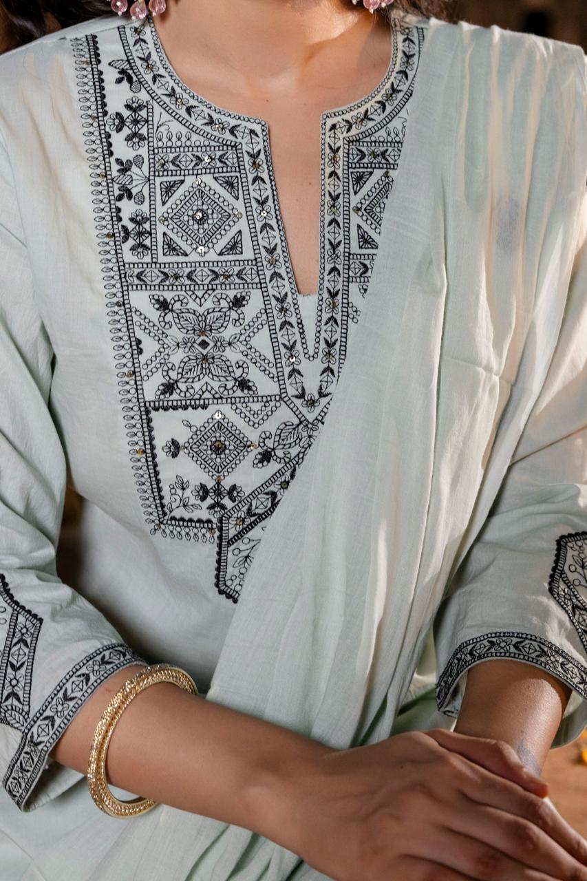 Elegant soft and classy embroidery suit set in green