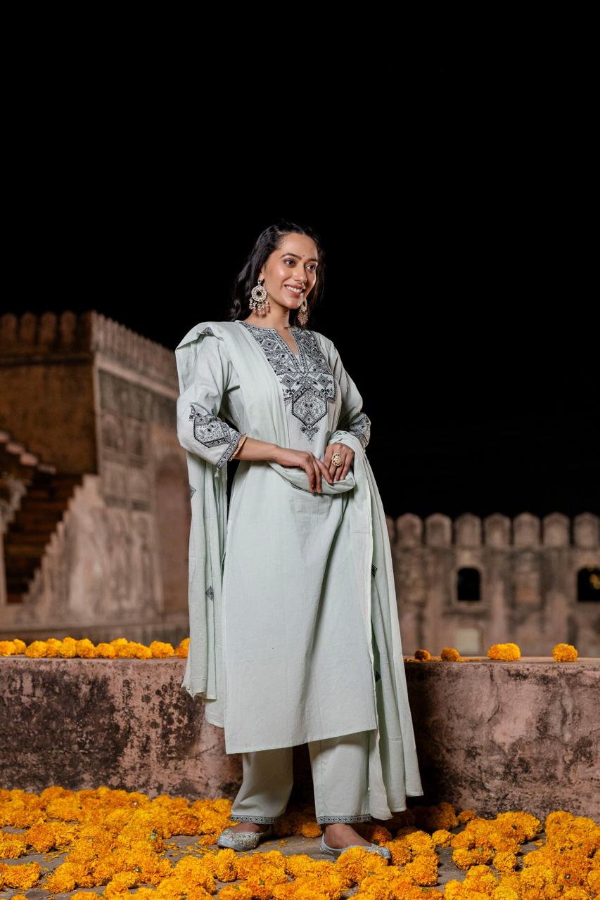 Elegant soft and classy embroidery suit set in green