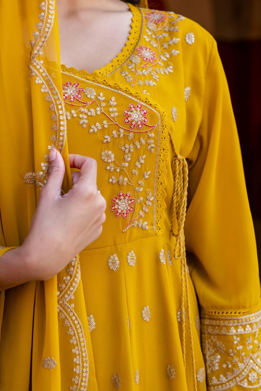 Yellow intricate embroidery georgette full suit set