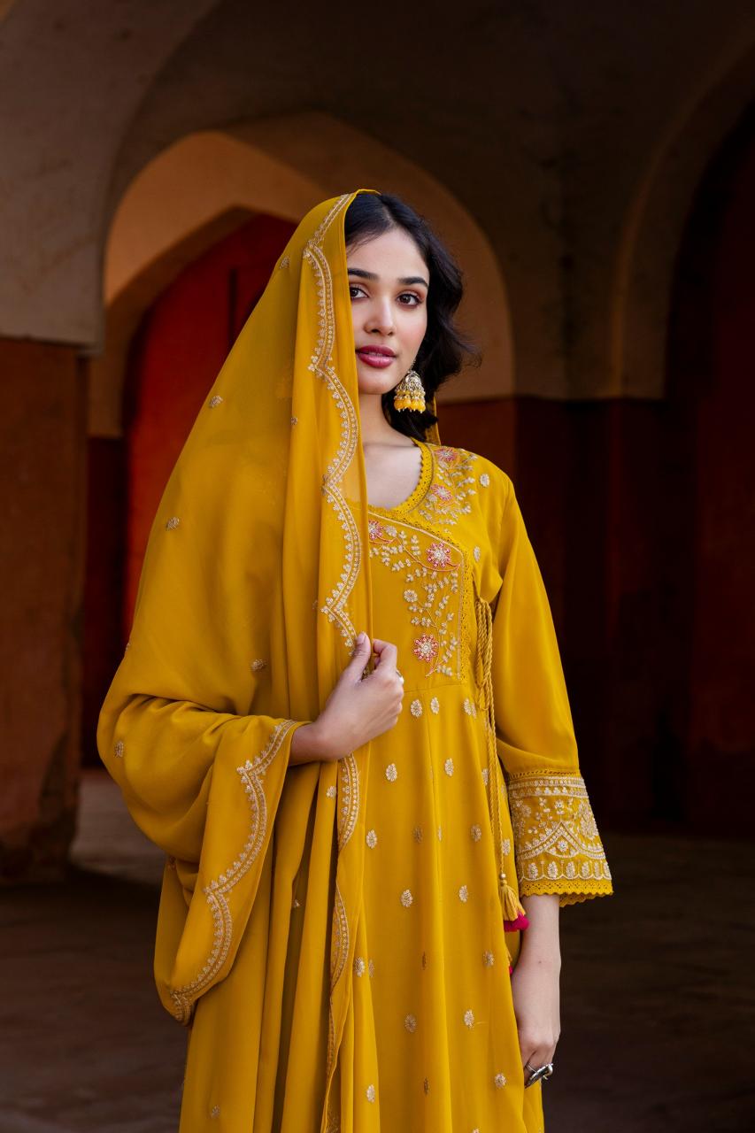 Yellow intricate embroidery georgette full suit set