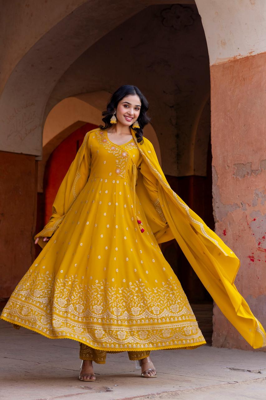 Yellow intricate embroidery georgette full suit set