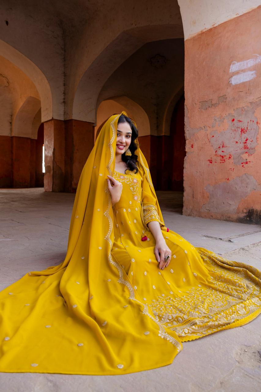 Yellow intricate embroidery georgette full suit set