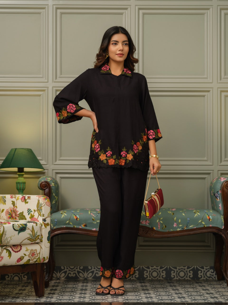 Cotton slub embroidery co ord set