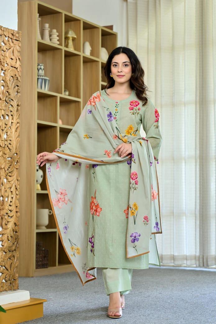 Smart cotton digital printed suit set in green