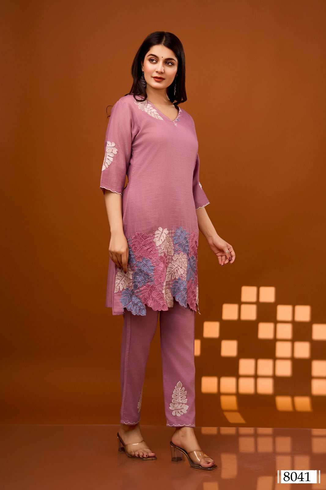 Onion pink appliqué work co ord set in silk