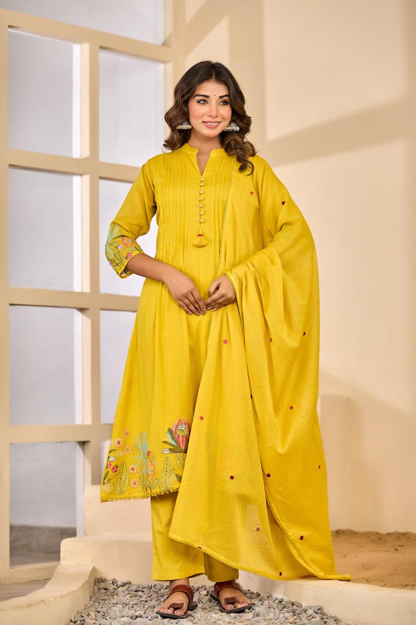Mul cotton embroidery lining full suit set in yellow