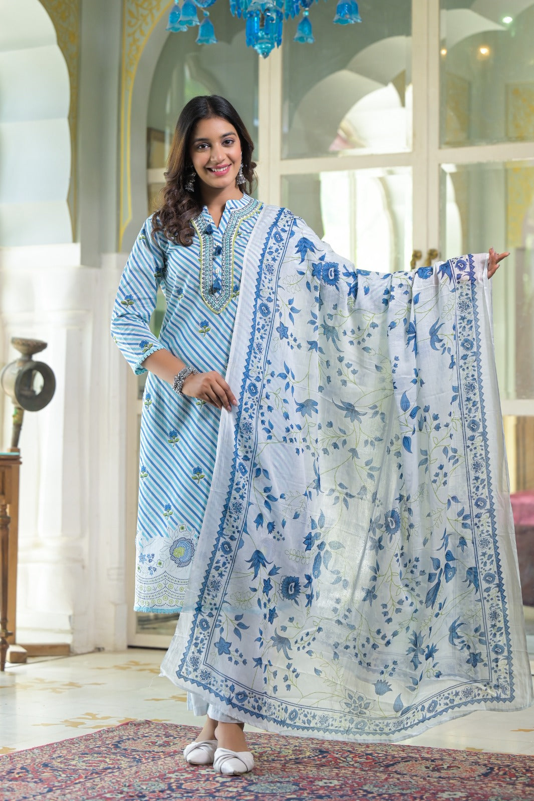 Smart cotton lehariya suit in blue