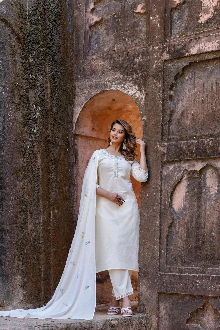 Elegant soft and classy embroidery suit set in white