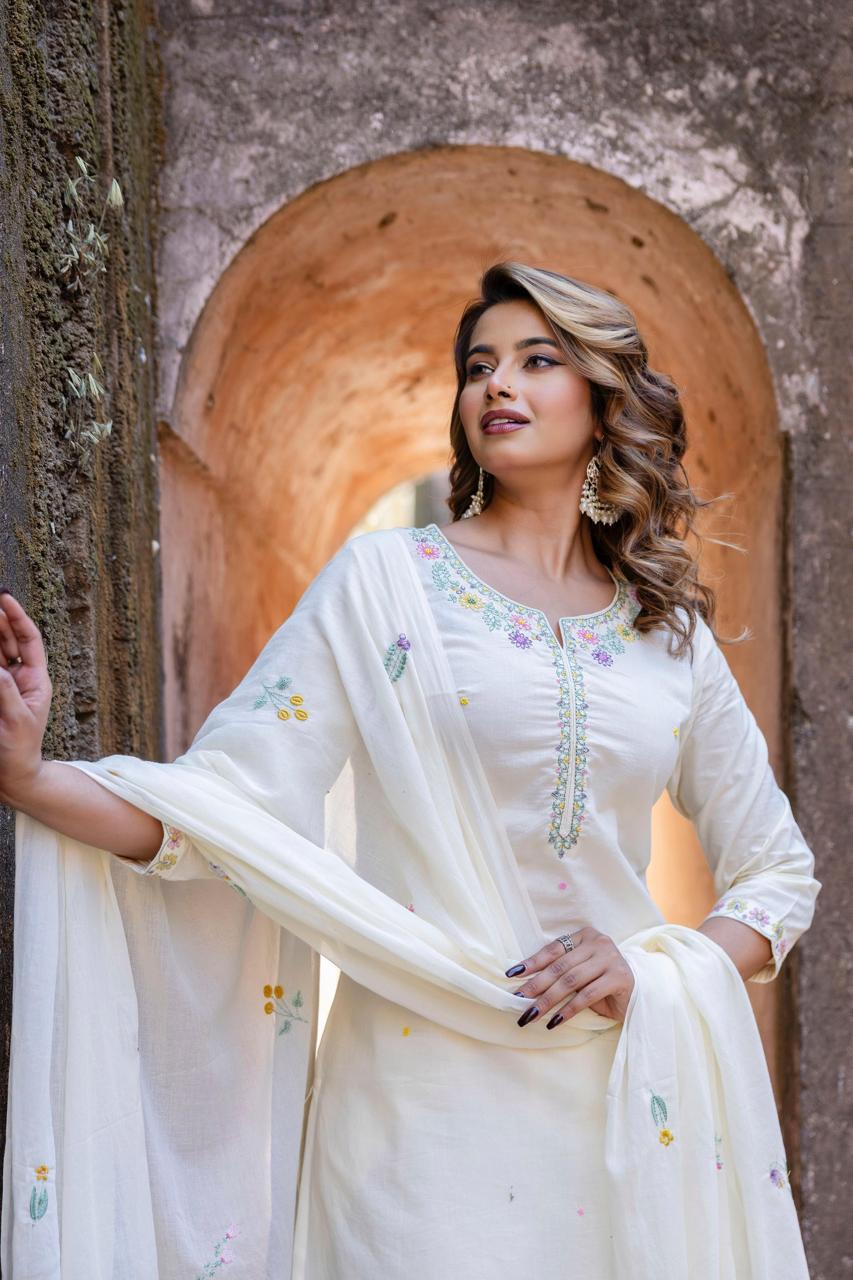 Elegant soft and classy embroidery suit set in white