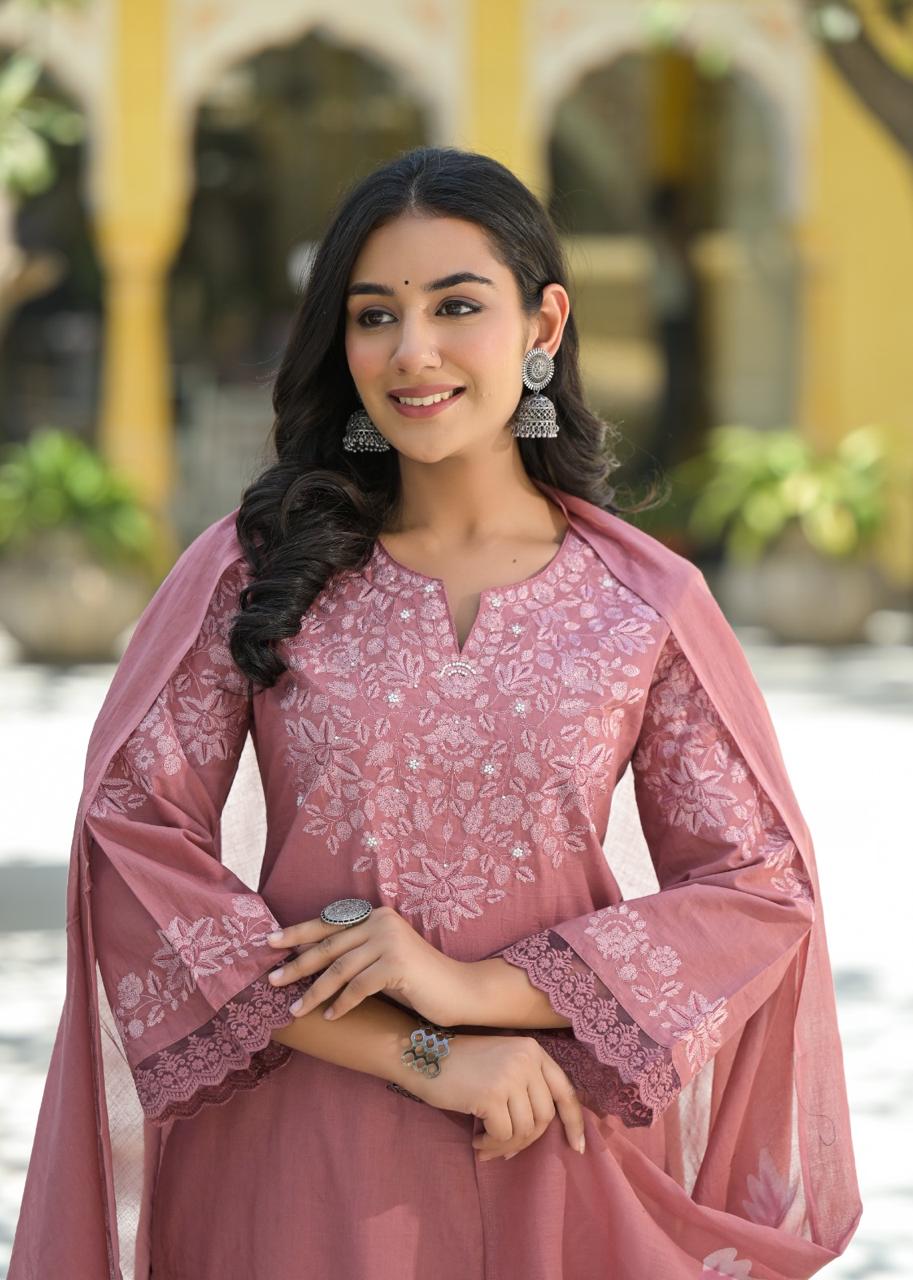 Pure cotton stylish palazzo embroidered suit set paired with brush painted dupatta in peach