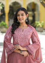 Pure cotton stylish palazzo embroidered suit set paired with brush painted dupatta in peach