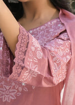 Pure cotton stylish palazzo embroidered suit set paired with brush painted dupatta in peach