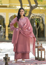 Pure cotton stylish palazzo embroidered suit set paired with brush painted dupatta in peach